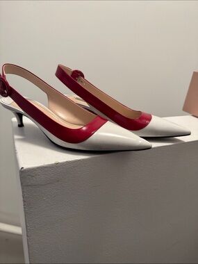 Prada Red and White Pointed Slingback Kitten Heels